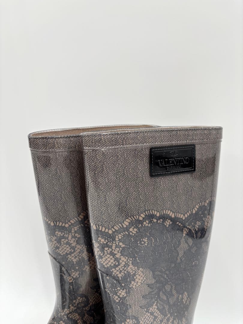 【VALENTINO】レインブーツ　ブラック　ベージュ　レース柄　38サイズ
