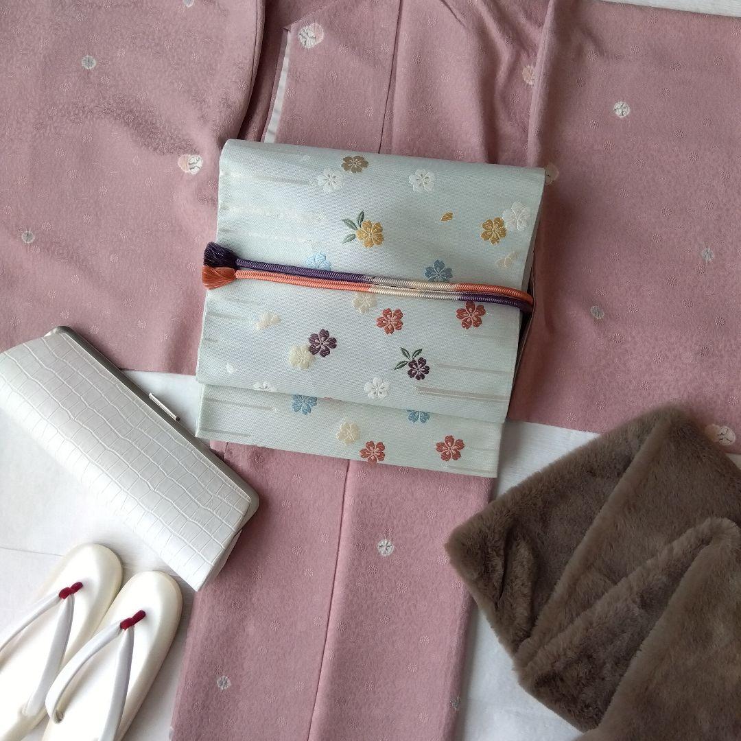◆未使用美品◆袋帯 桜ドロップ グレージュ 銀泊 正絹 訪問着 小紋 お花見