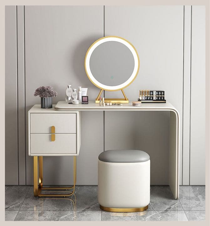 イタリア式高級ドレッサー グレー　スツールチェストLEDミラー付き 4点セット