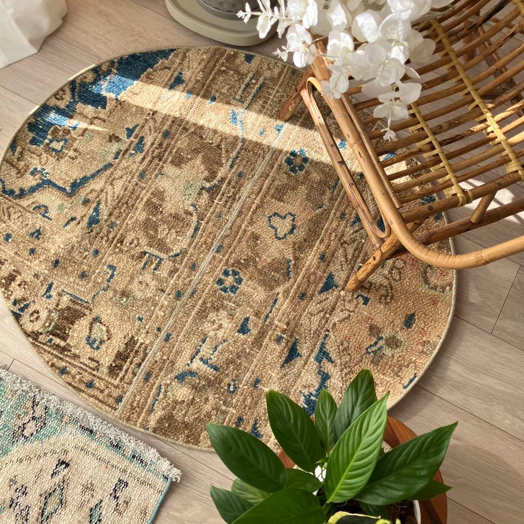 75×88✳︎楕円ラウンド　ブラウン　ブルー　パッチワーク　トルコヴィンテージラグ