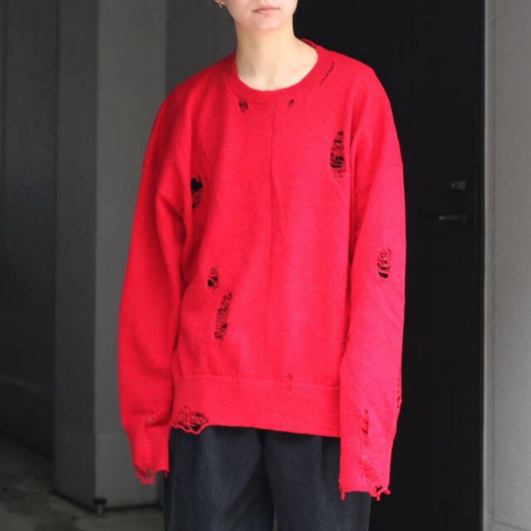 トップス stein 21ss Oversized Damaged Knit LS red