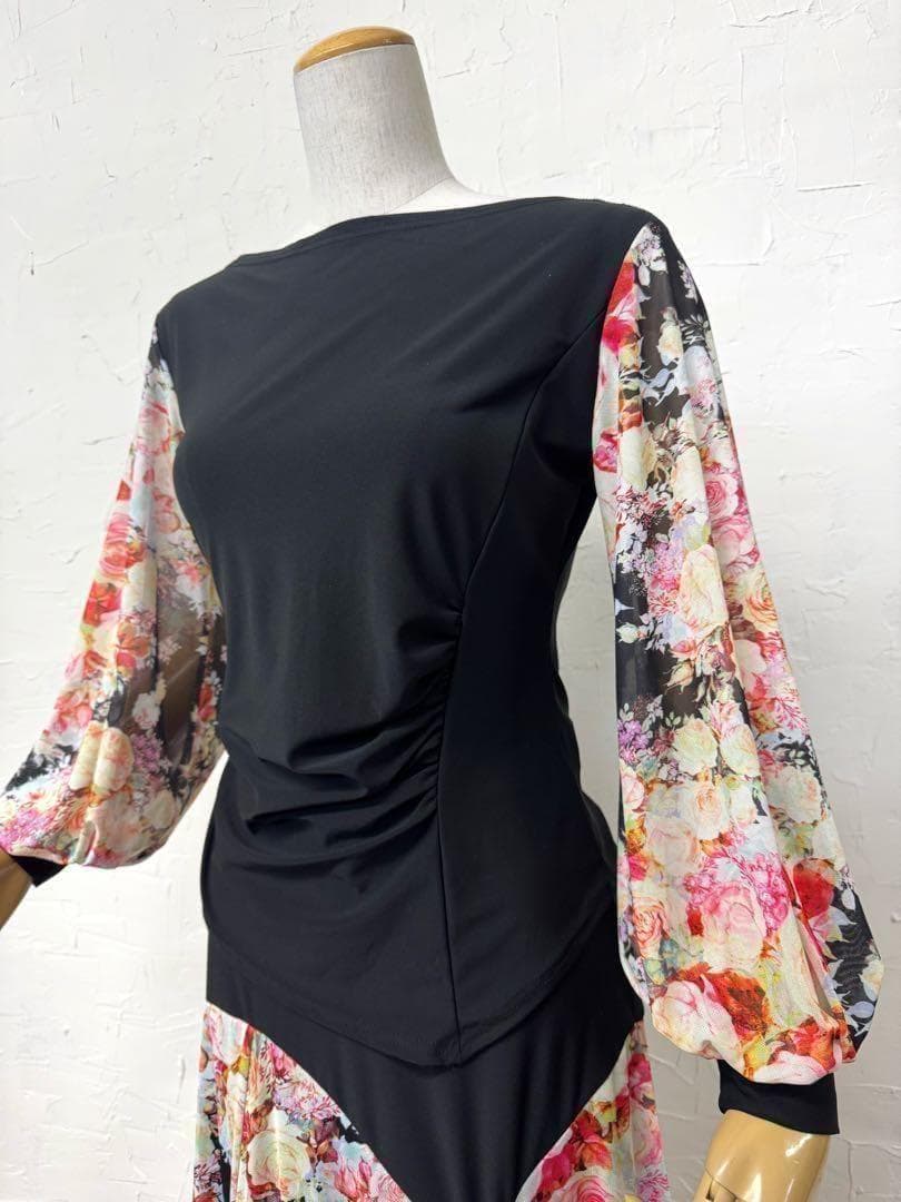 【パーティーに】新品　社交ダンス　バルーン袖　花柄セットアップ黒ｂ301