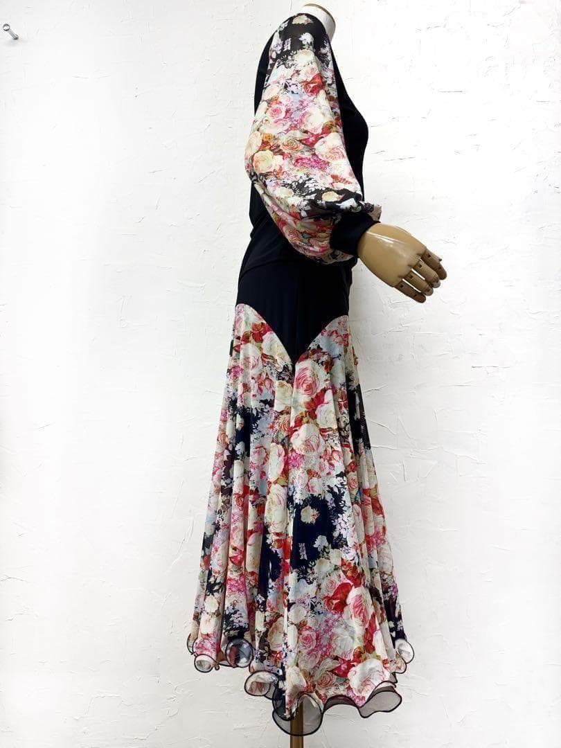 【パーティーに】新品　社交ダンス　バルーン袖　花柄セットアップ黒ｂ301