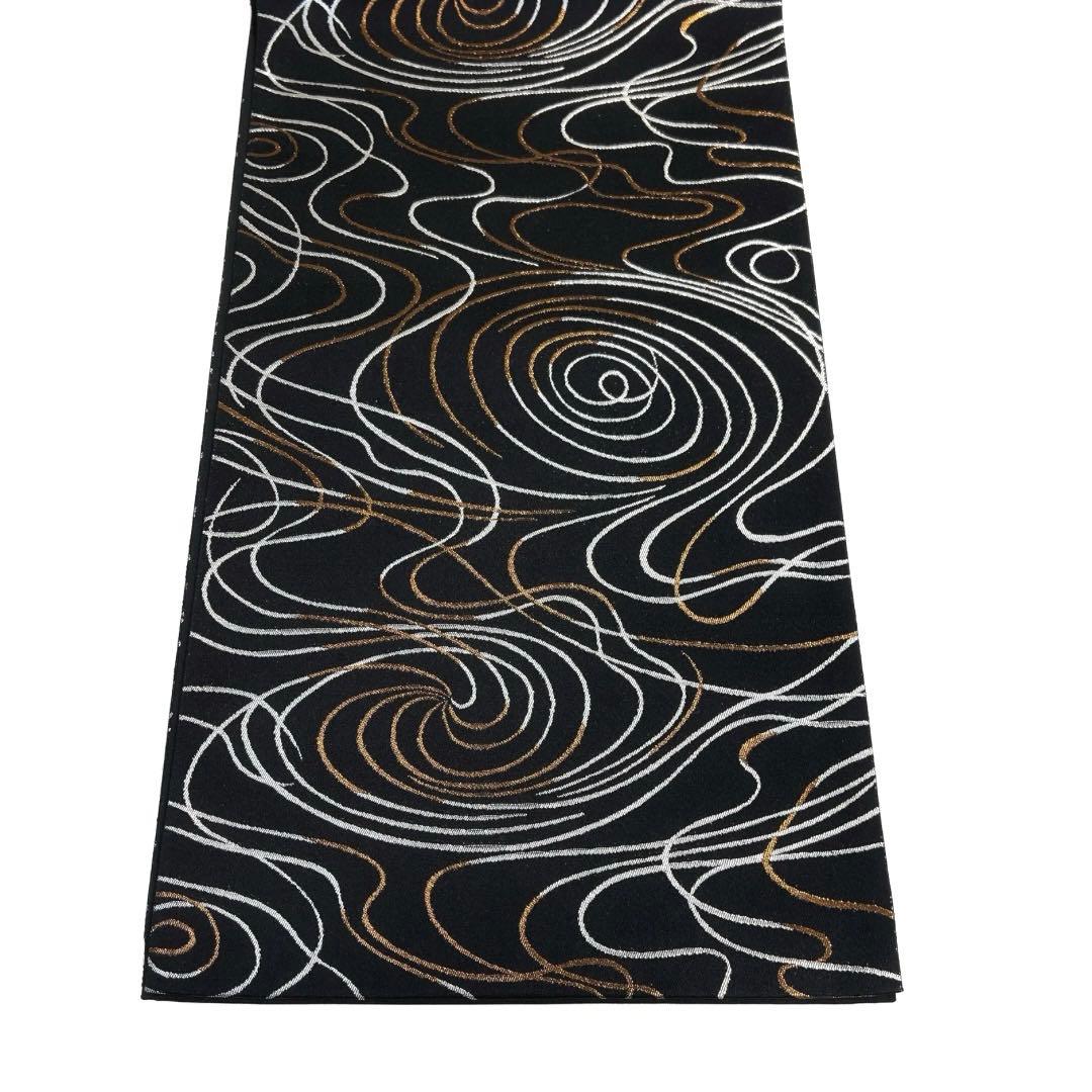 袋帯　全通　流線　渦巻き　シルバー　ブロンズ　黒地　着物　041a d