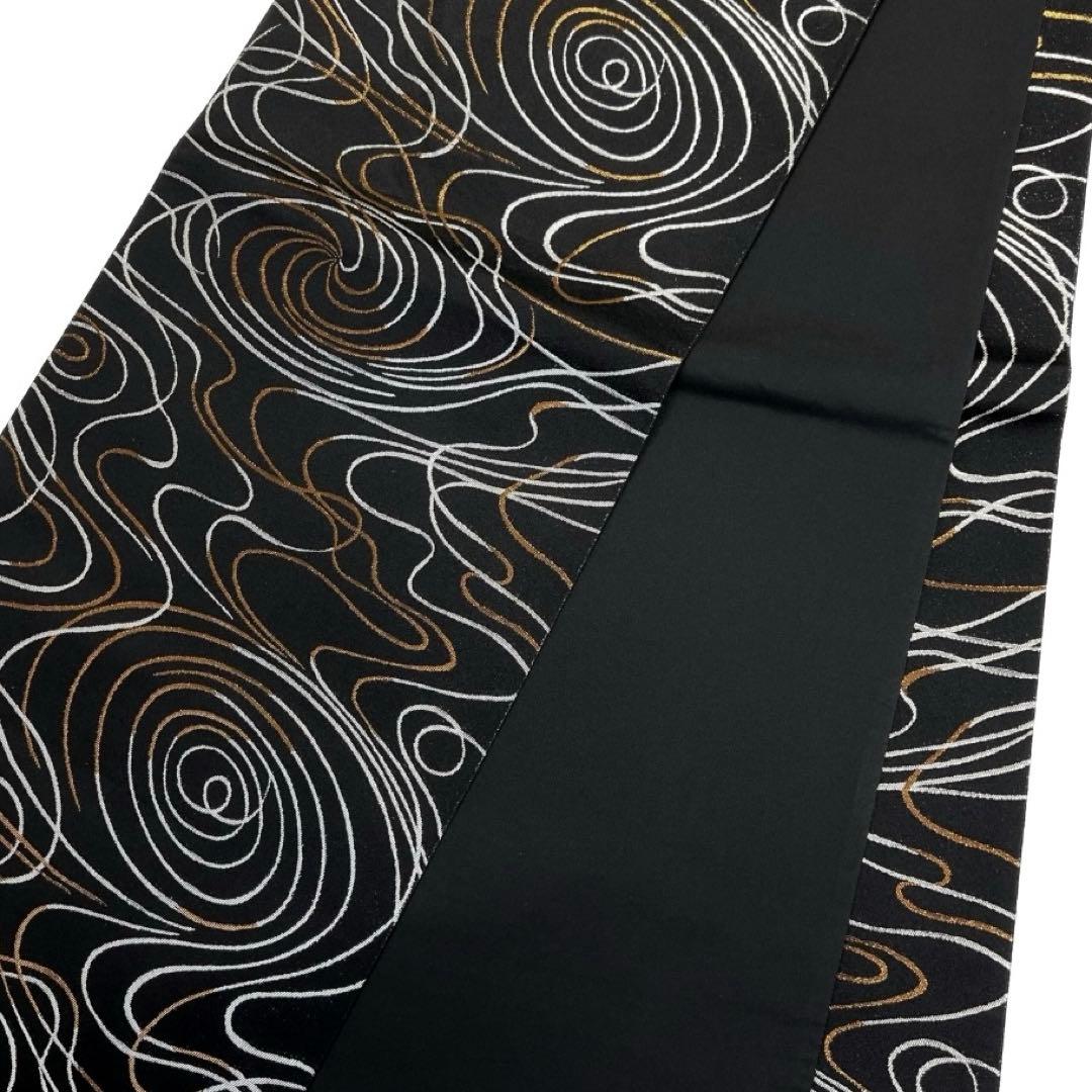 袋帯　全通　流線　渦巻き　シルバー　ブロンズ　黒地　着物　041a d
