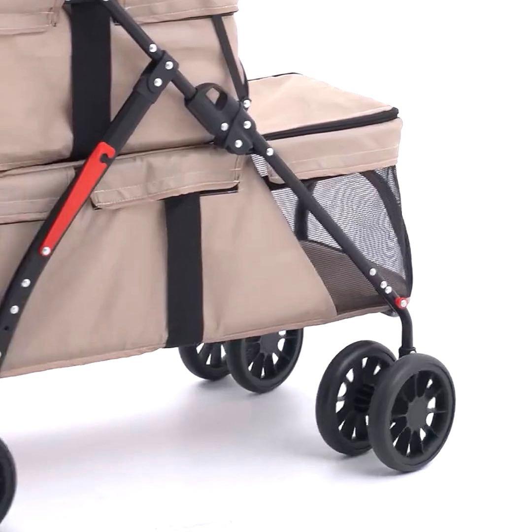 【カーキ】2段式ペットカート犬 猫 折たたみ可能 小型犬 ブレーキ付 多頭