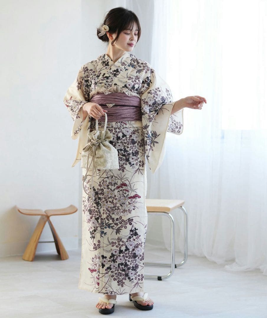 新品 未使用 花柄 浴衣 紫帯 下駄 3点セット