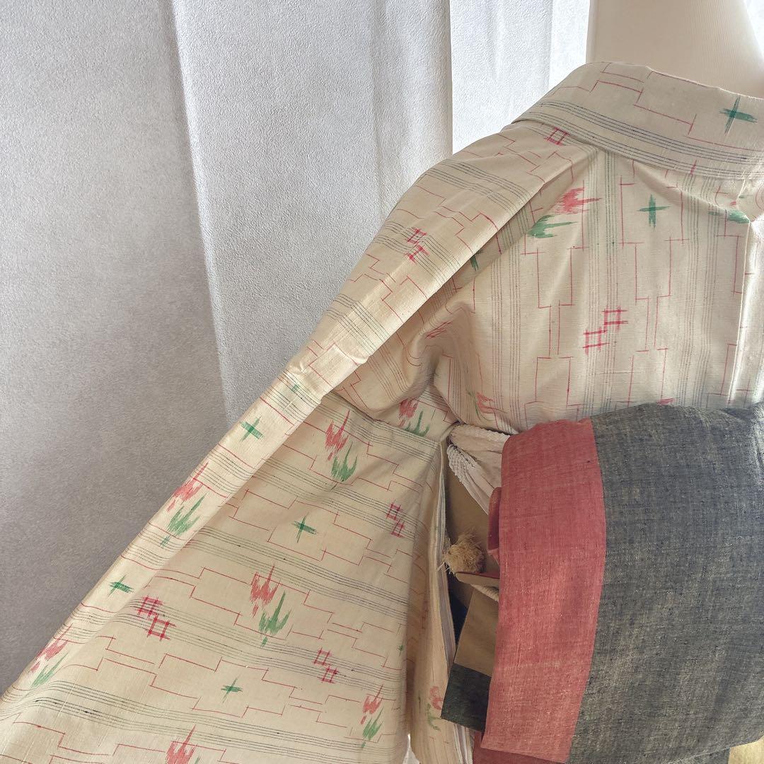 小紋　フルセット　着物　紬　トールサイズ　正絹　琉球絣柄　ナチュラル　J2 2月