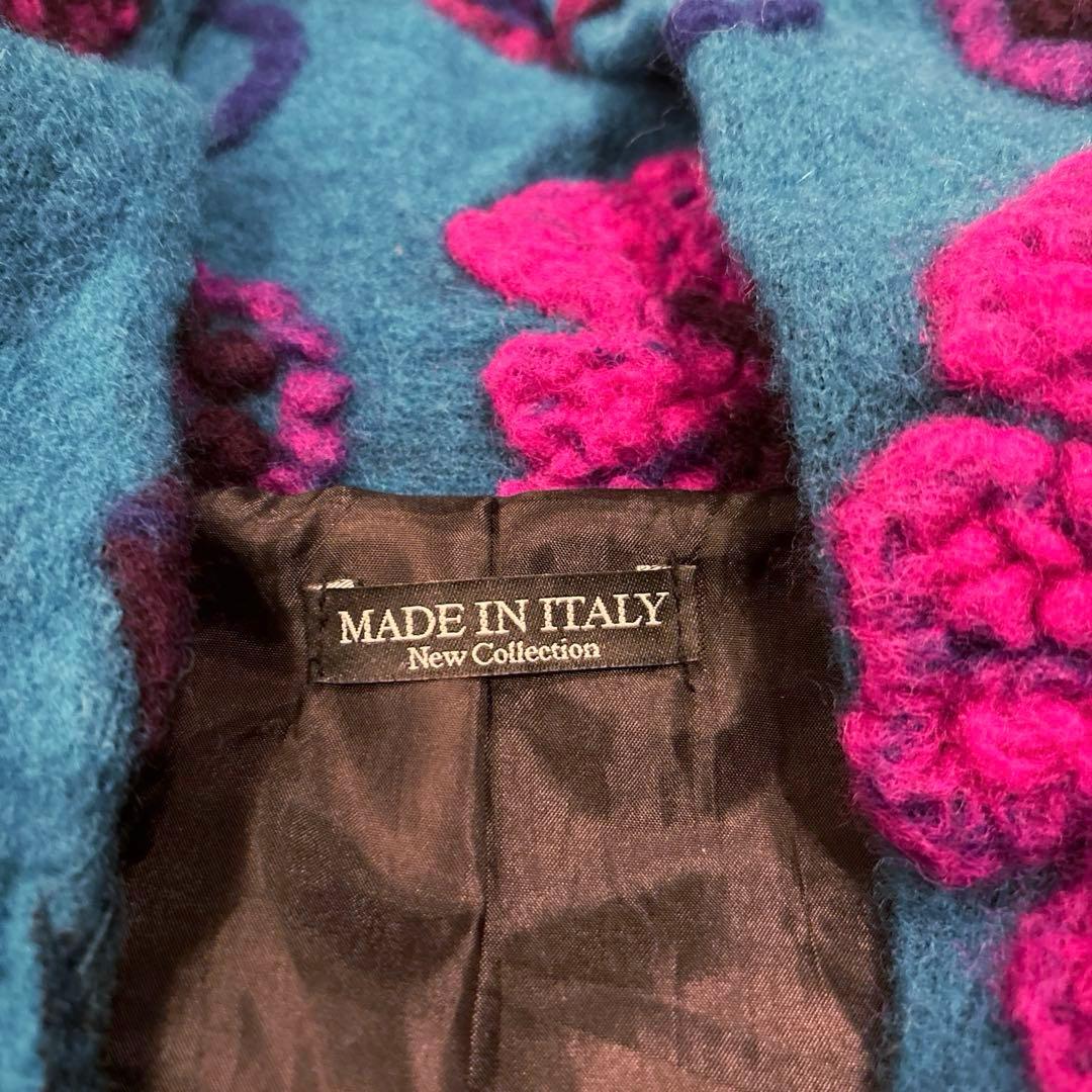 イタリア製　パネルマルチ花柄圧縮ウールコート　スタンド襟　ミドル丈　ターコイズ