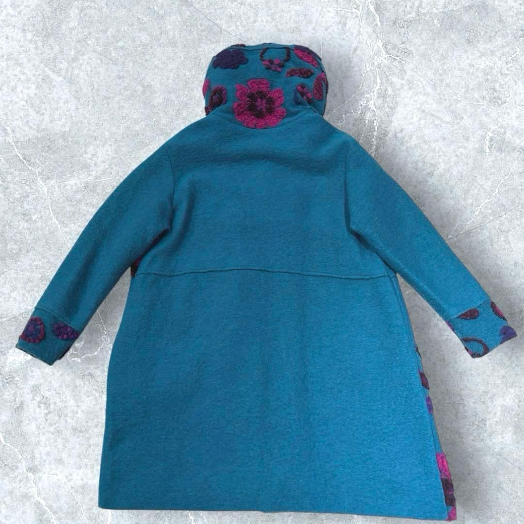 イタリア製　パネルマルチ花柄圧縮ウールコート　スタンド襟　ミドル丈　ターコイズ