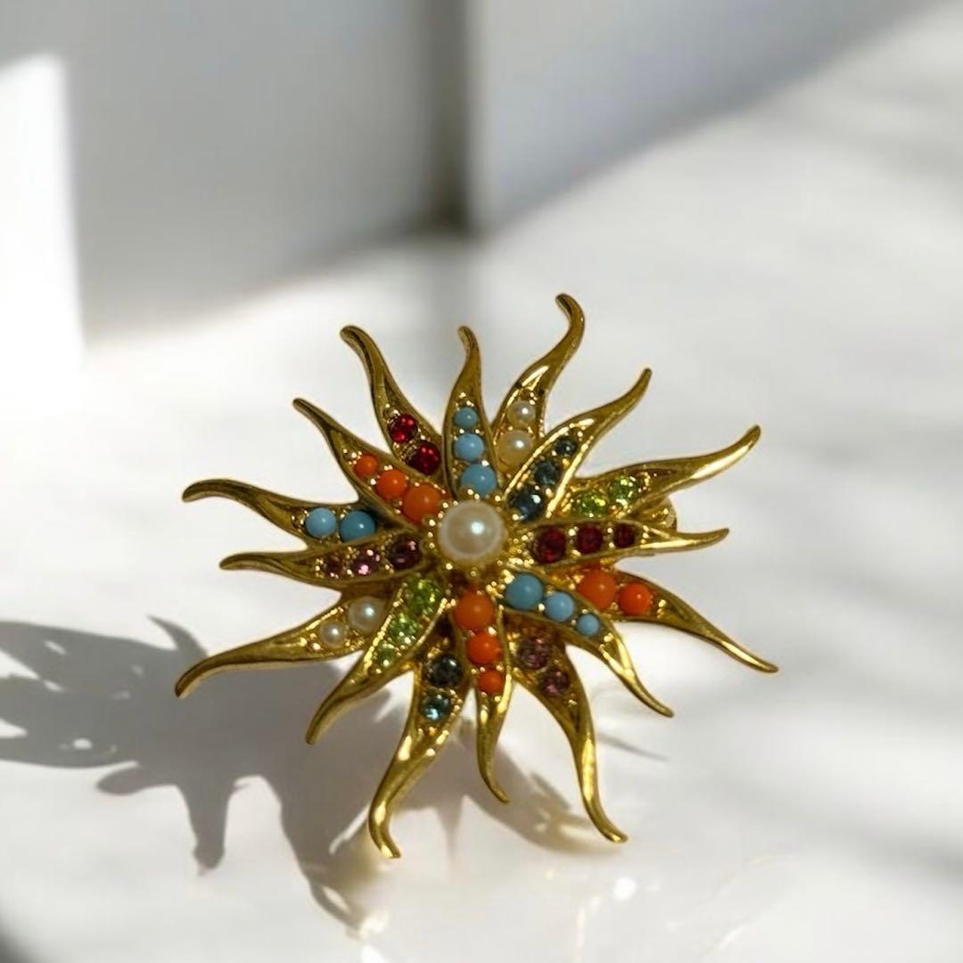 ヴィンテージ D’Orlan スターバーストブローチ 太陽 ストーン パール