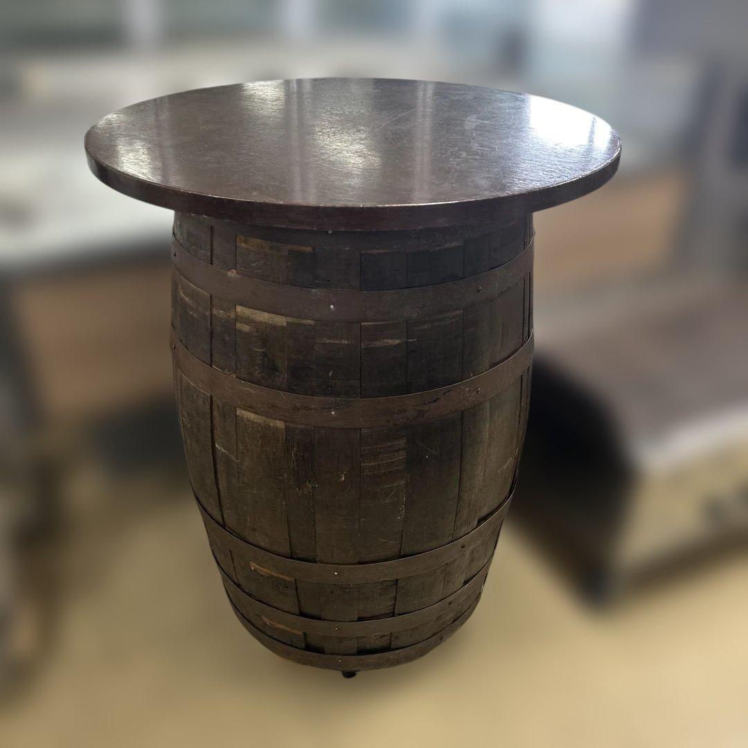 6667①木製古樽 バレルテーブル 直径約80㎝ 高さ約103㎝ キャスター付き