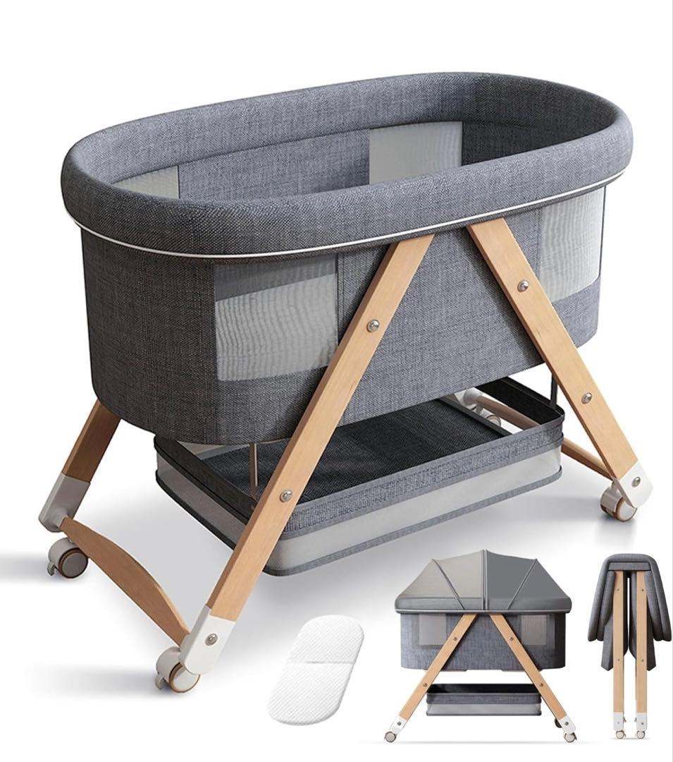 折りたたみ式ベビーベッド 収納かご付き グレー コンパクト