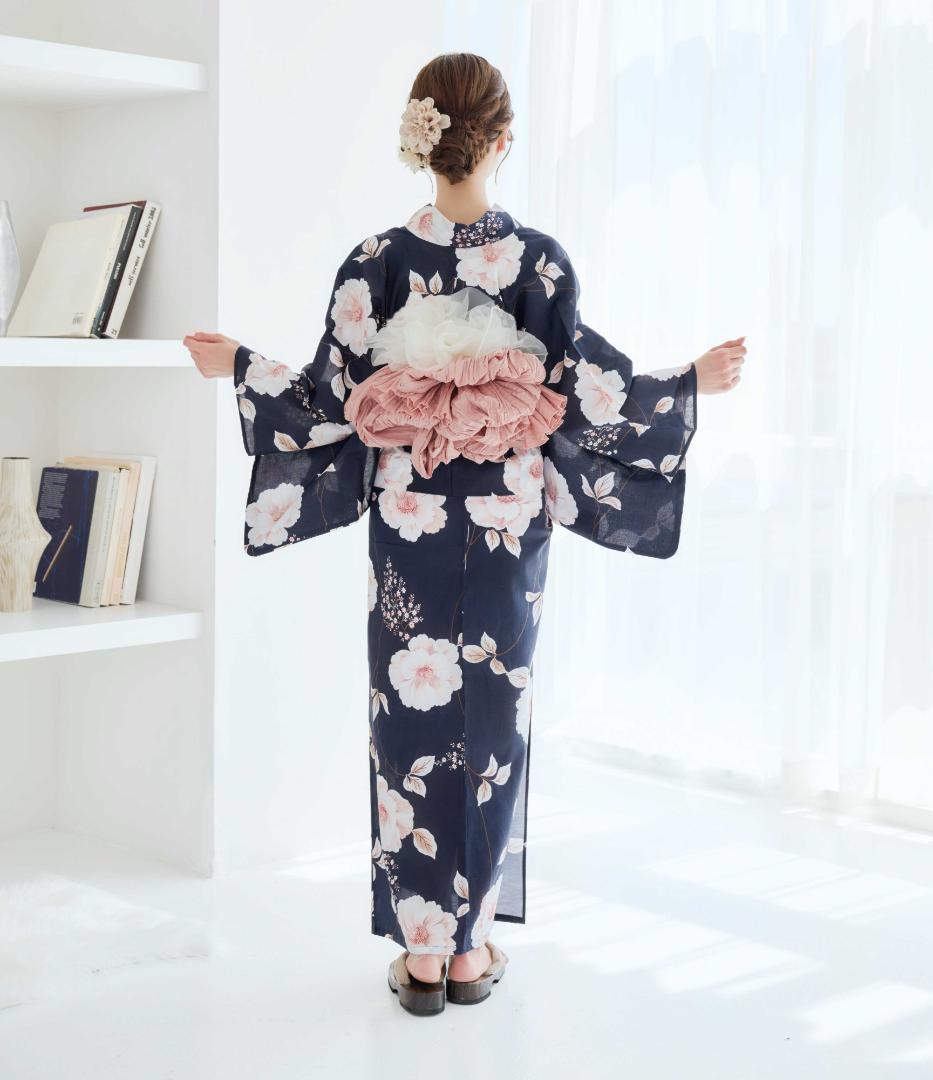 二部式浴衣 セパレート浴衣 3点set 珊瑚色の花あそび 濃紺地 Y5-23-2