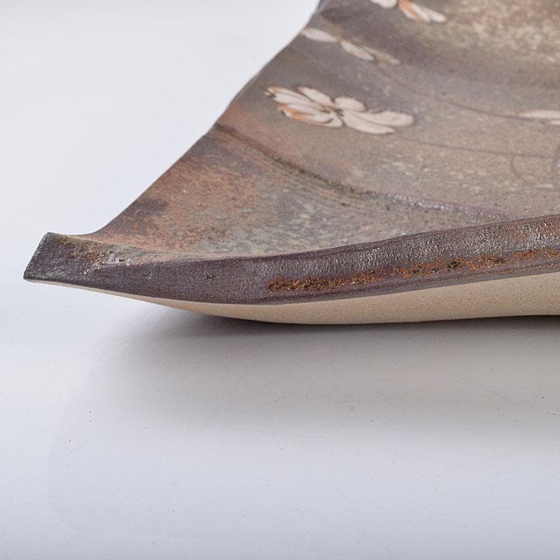 益子焼　堀越美紀作　自然釉　秋桜文　長皿　共箱　N　8681D