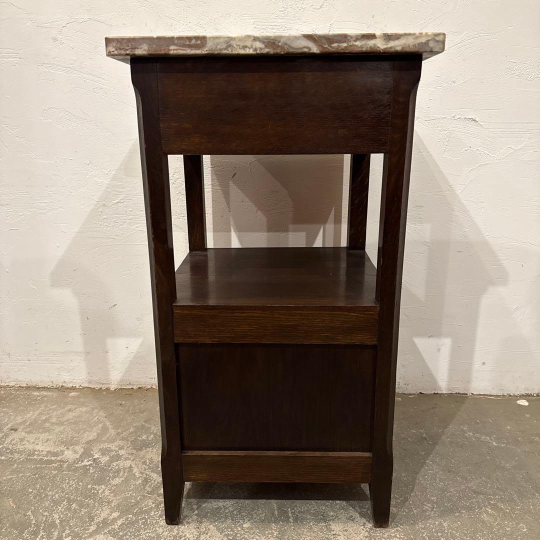 ヴィンテージ　木製サイドテーブル　引き出し/扉収納付き　大理石天板