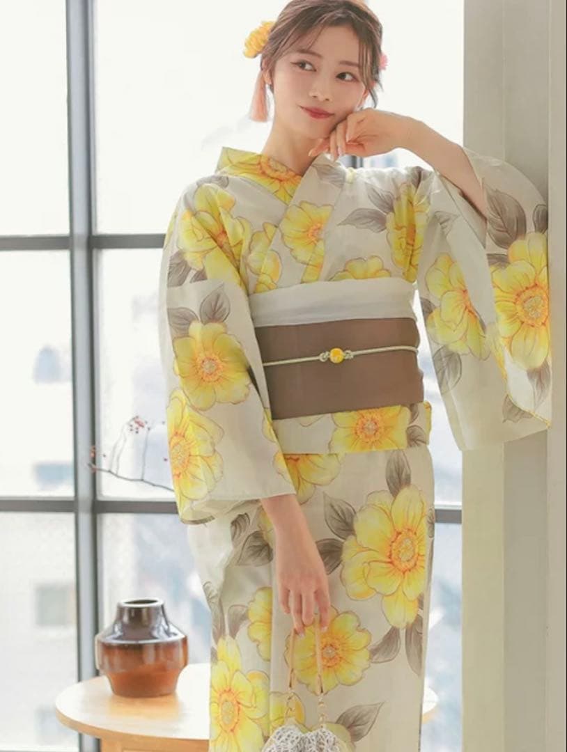 ベージュ地×水彩ポピー ゆかた　浴衣 帯 帯紐 髪飾り バッグ　5点セット