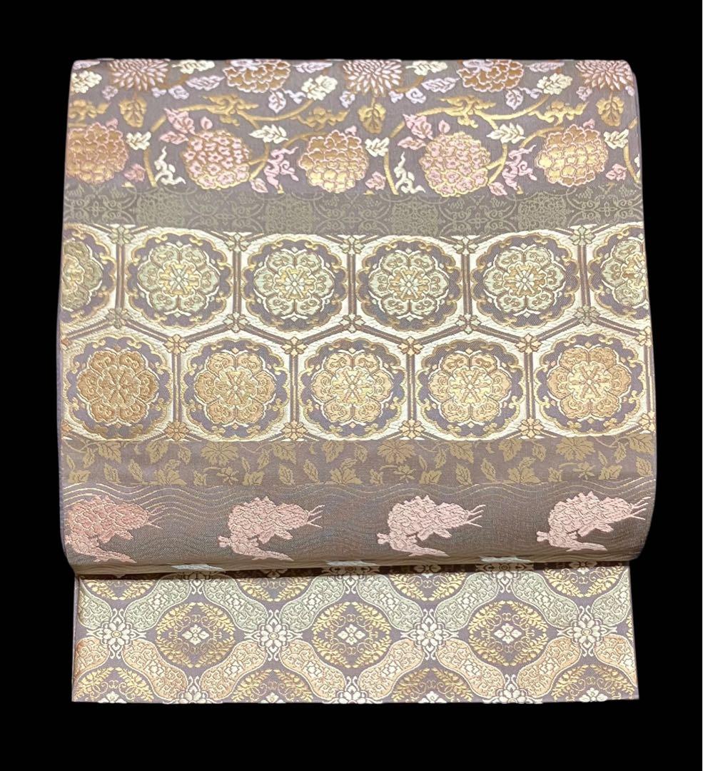 箔屋清兵衛 袋帯 双図柄 名物裂文様 全通日本の心 共箱 未使用 錆紫イ6305