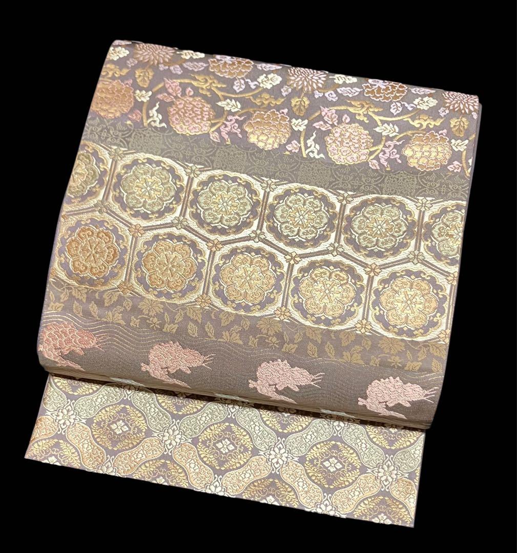 箔屋清兵衛 袋帯 双図柄 名物裂文様 全通日本の心 共箱 未使用 錆紫イ6305