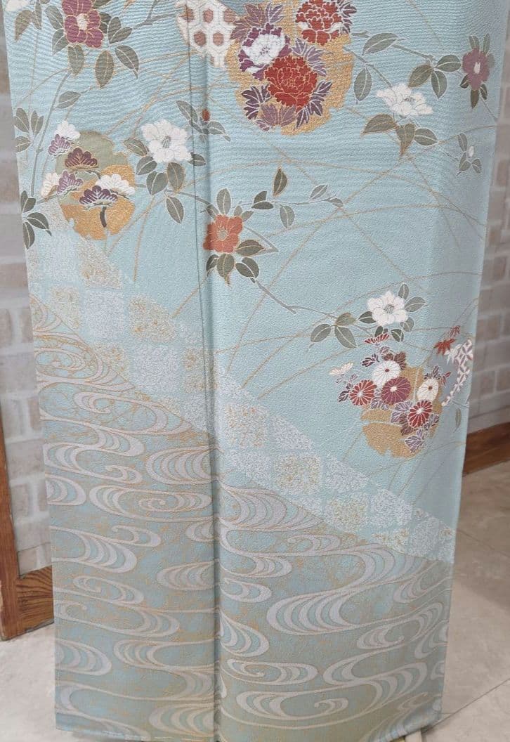 しつけ糸付き未使用水色訪問着4点フルセット、着物、袋帯、帯締め、帯揚げ