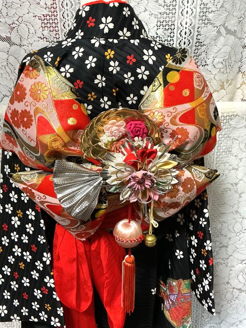 【中古】七五三女の子　四ツ身着物　長襦袢　作り帯　帯揚げ　帯締め　しごき　箱せこ