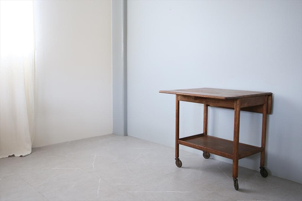 英国アンティーク木製ドロップリーフトロリーテーブル/収納式ワゴン/机(91-66