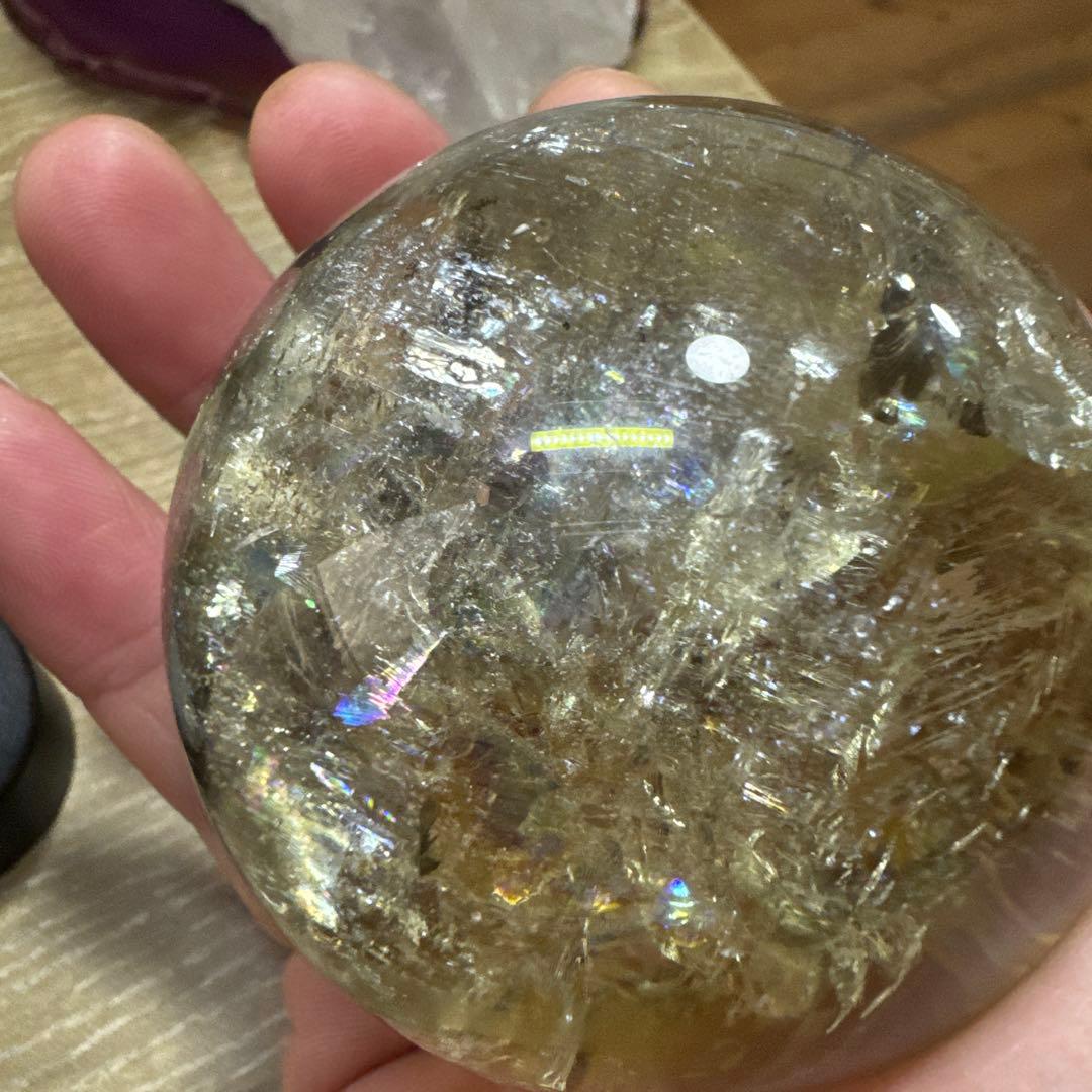 希少　特大　レインボー　シトリン　スフィア　爆虹あり　台付き　置物　約7cm