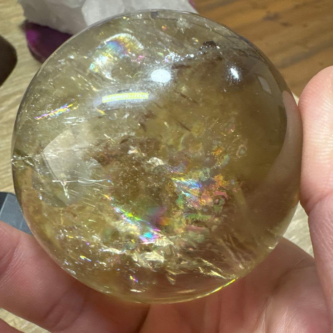 希少　特大　レインボー　シトリン　スフィア　爆虹あり　台付き　置物　約7cm