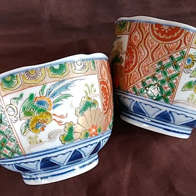 古伊万里 金彩 色絵 飛鳥唐文 輪花 蕎麦猪口 向付 2客セット 骨董アンティー