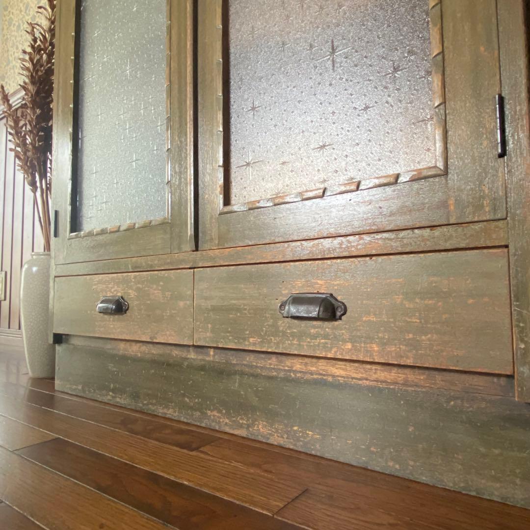 アンティーク家具　本棚　模様ガラス銀河　当時物　鍵付き