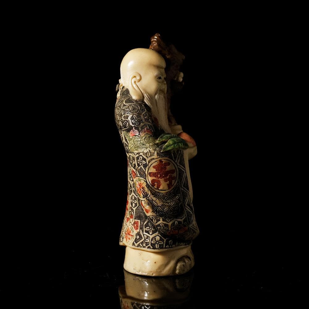 マンモスの牙風　賢人　精密色彩　桃寿　東洋彫刻　仏像　中国　古玩　美術品　七福神