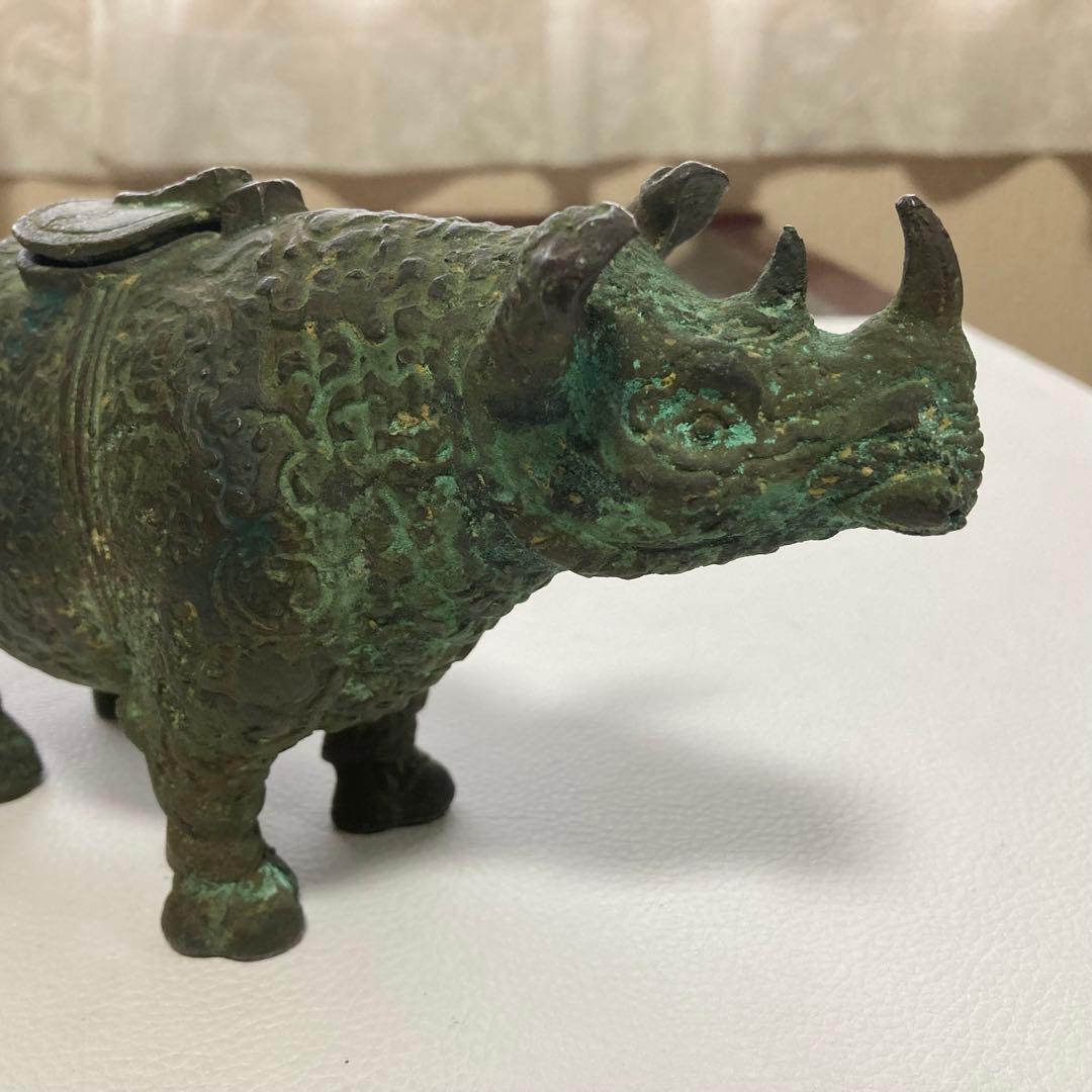 古いサイの置物 動物 銅製 オブジェ 香炉 工芸品 古美術 骨董品 レトロ