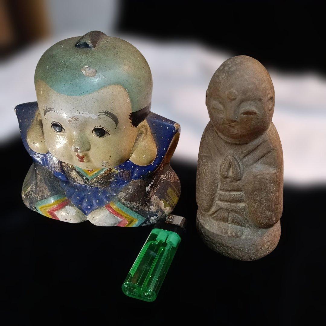 146.陶器製の石仏と昔の福助 多彩な置物 約15cm、極小品