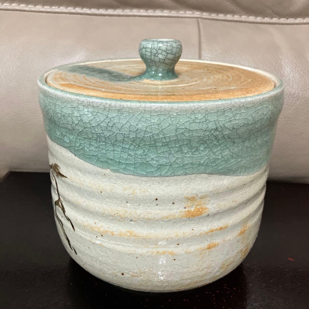 相馬焼　明月窯　馬の絵柄の青緑色水差し