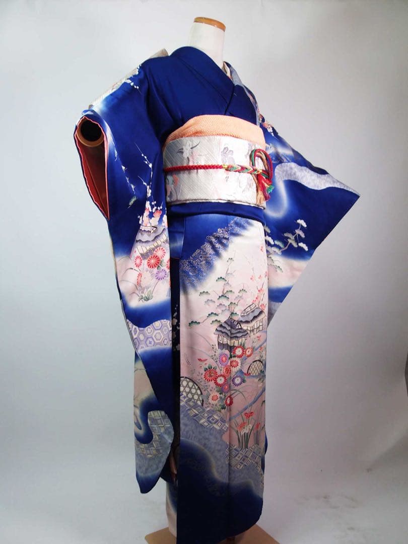 豪華3点セット友禅振袖／茶屋辻文様＊金駒刺繍＊古典風景文様／袋帯・長襦袢付き