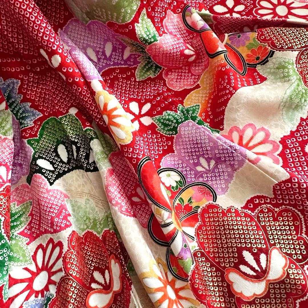 美品 七五三 三歳 女の子 正絹 赤 花柄 豪華お着物・長襦袢セット