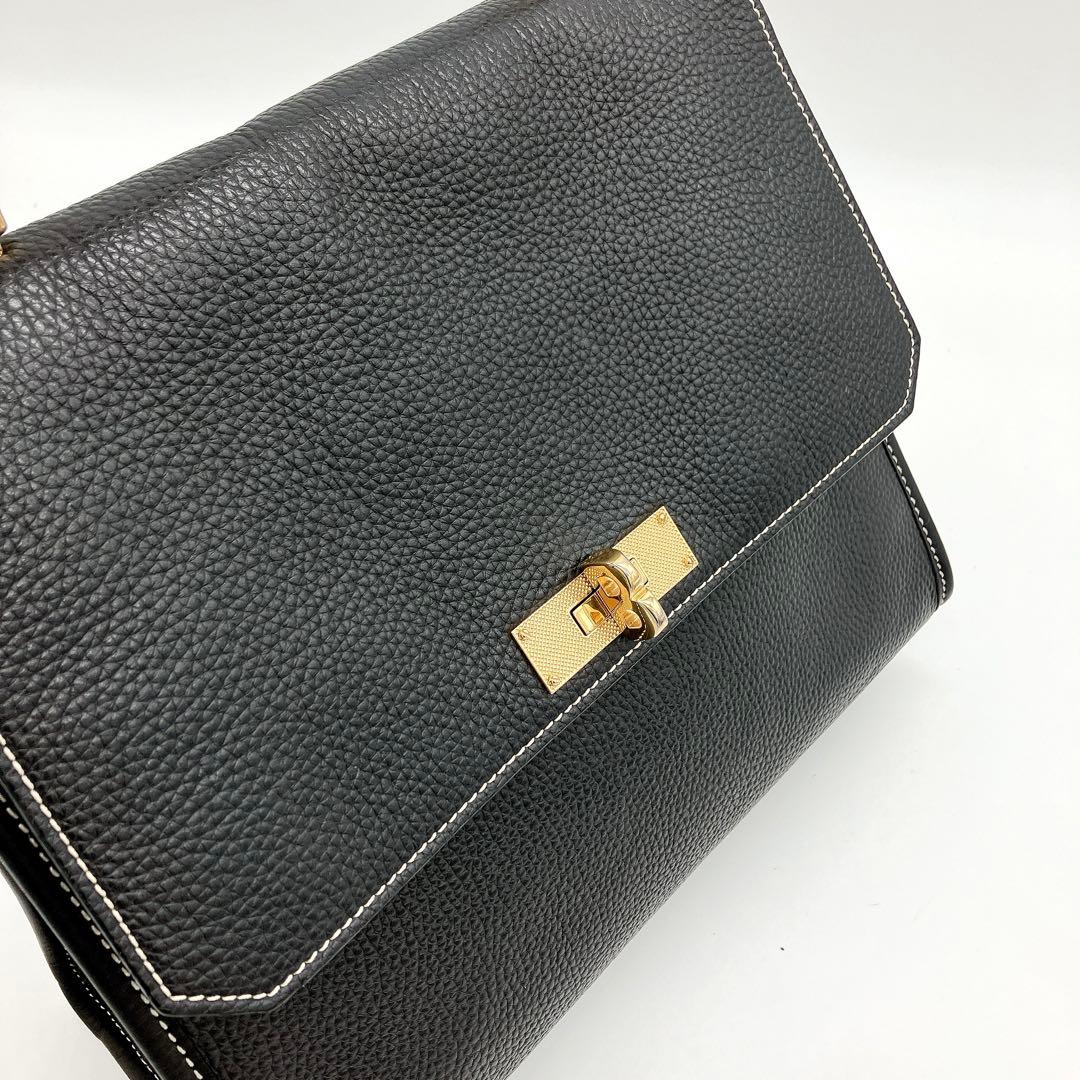 美品　BALLY ハンドバッグ　Bターンロック　ブラック　シュリンクレザー