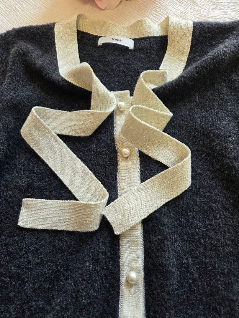ルネ　リボン　パール　カーディガン　34 グレー