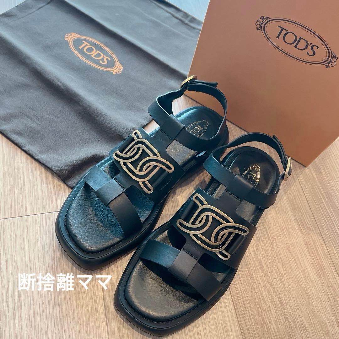 TOD'S 【極美品】サンダル メタルロゴ 黒 トッズ ケイト 38 1/2