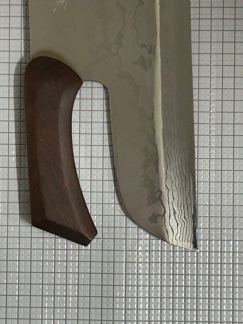 仙助 蕎麦包丁 ダマスカス 鏡面仕上げ 安来鋼青紙二号 330mm 檜茶色曲柄