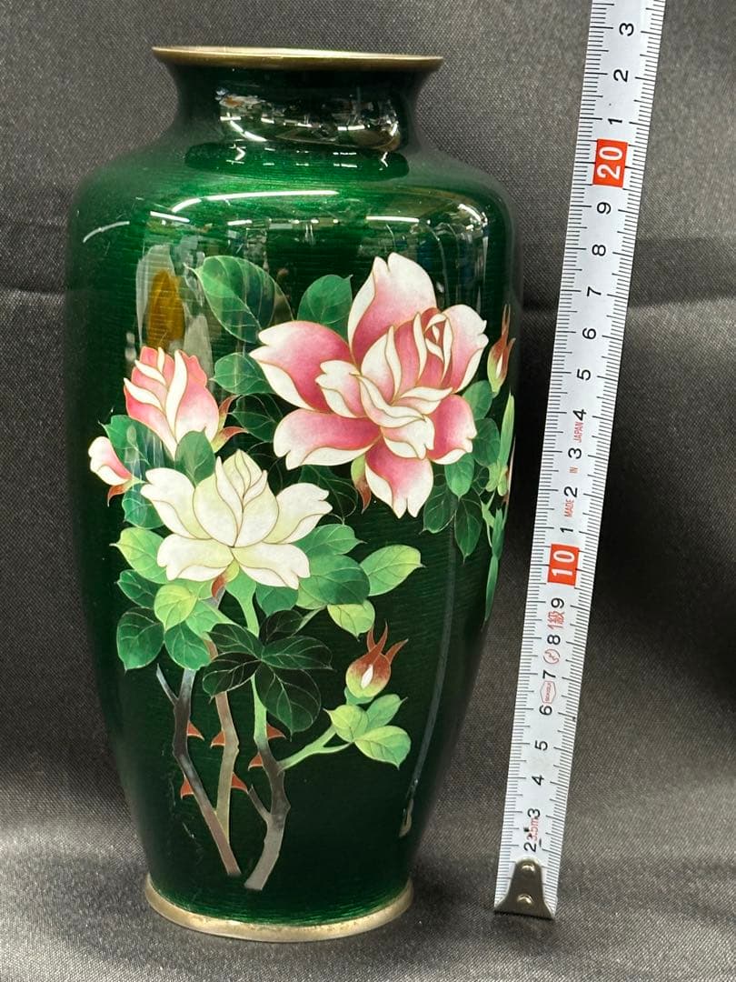 【USED】安藤　七宝　七宝焼　花瓶　壺　花　花柄　緑　グリーン