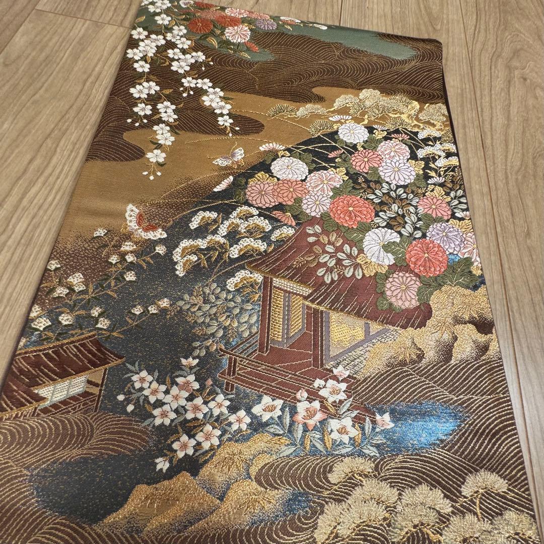 超美品　正絹　袷　訪問着　着物　帯揚げ　帯締め　袋帯　4点　152裄65 黒　白