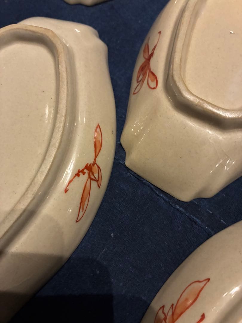 九谷焼　青手　絵がわり　菱皿　5枚　手描き　金彩　古手 傷無し　古九谷写