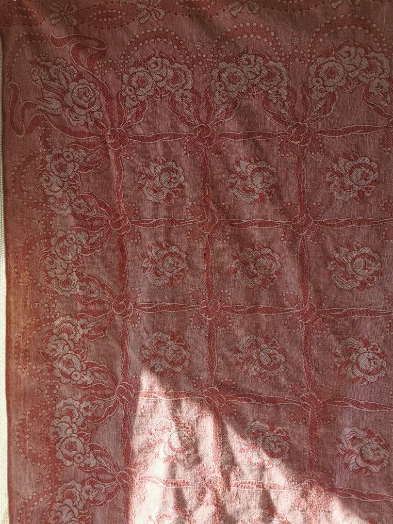 アンティーク フランス ダマスクローズ リボン 大判リネンクロス ダブルフェイス