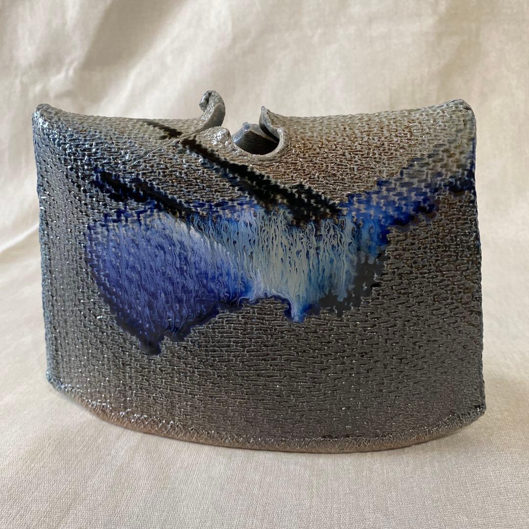 一の瀬焼 丸田窯元 塩釉布目扁壺 丸田巧 花器 花瓶 陶器