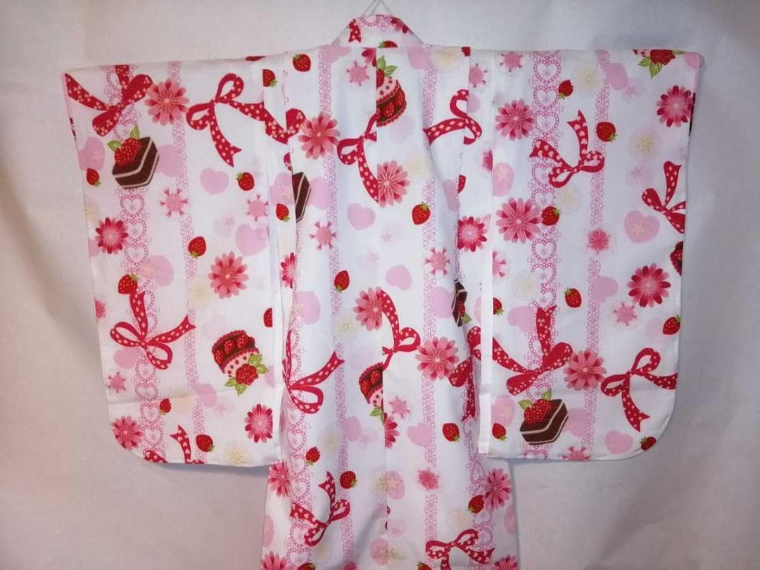 ★未使用品★白地イチゴケーキ.リボン柄３～4歳用着物 長襦袢付七五三 ③-3
