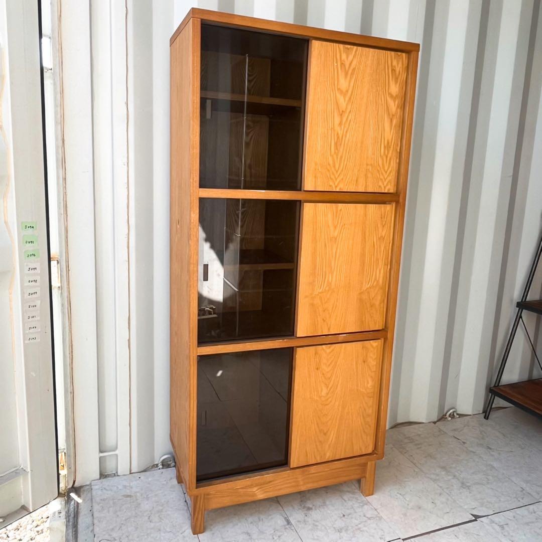 取付無料！フランフラン アコルド タモ材ブックシェルフ ブラックガラス戸付き本棚