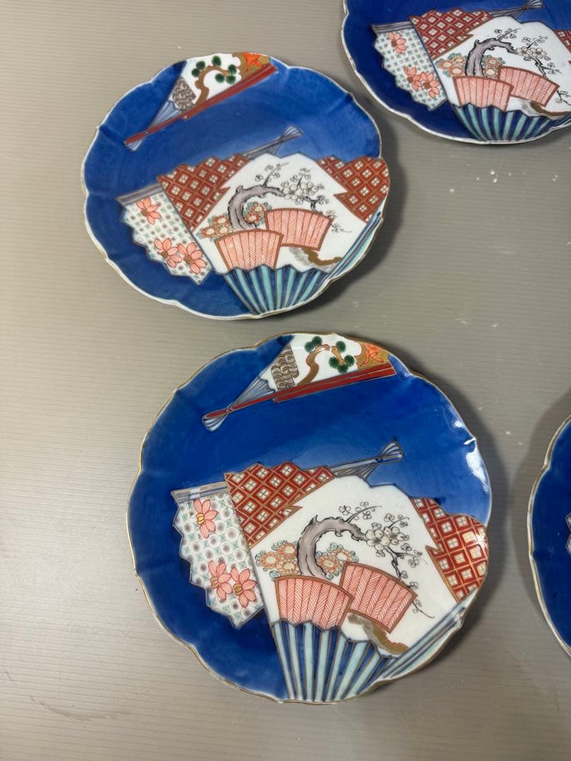 2644 中国骨董　大明萬暦年製銘　扇文　裏に龍文　皿　5客　時代物