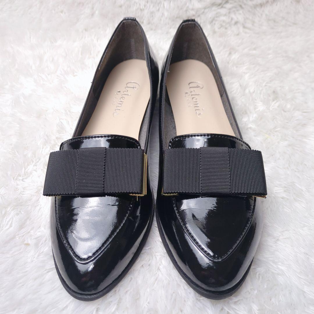 【美品】DIANA ダイアナ オペラシューズ エナメル ローファー 黒 リボン付