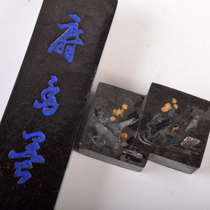 さき　中国　黒漆　螺鈿装飾山水人物文　硯箱　硯　墨　水滴一式　GR8428